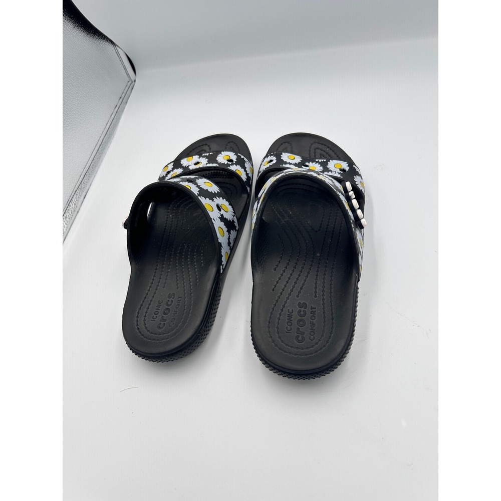 Crocs Classic Sandal Daisy Floral Black White Yellow Slides Womens 9 Mens 7